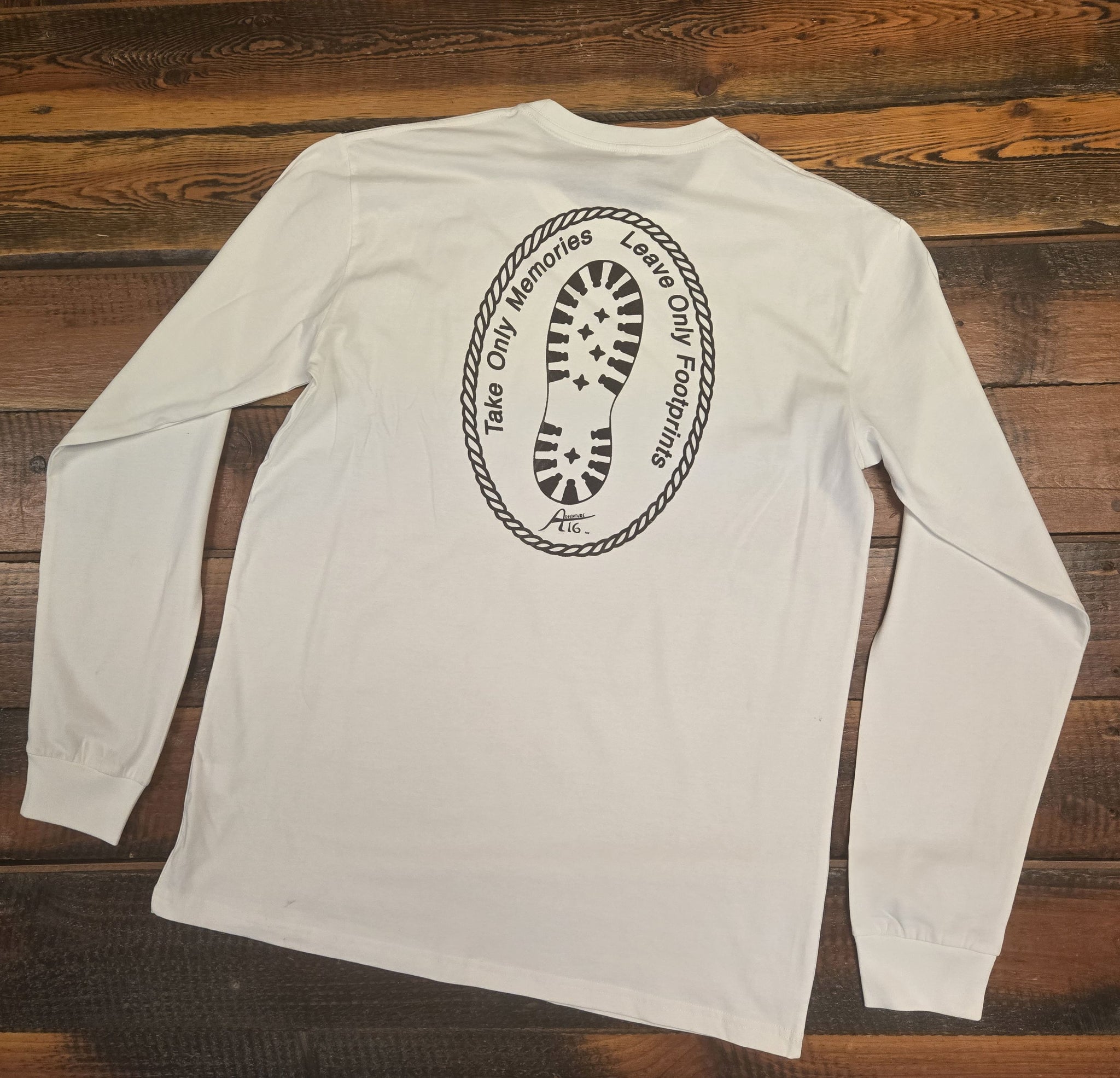 VINTAGE FOOTPRINT Long Sleeve White T-Shirt – Adventure 16 VINTAGE FOOTPRINT Long Sleeve White T-Shirt – Adventure 16